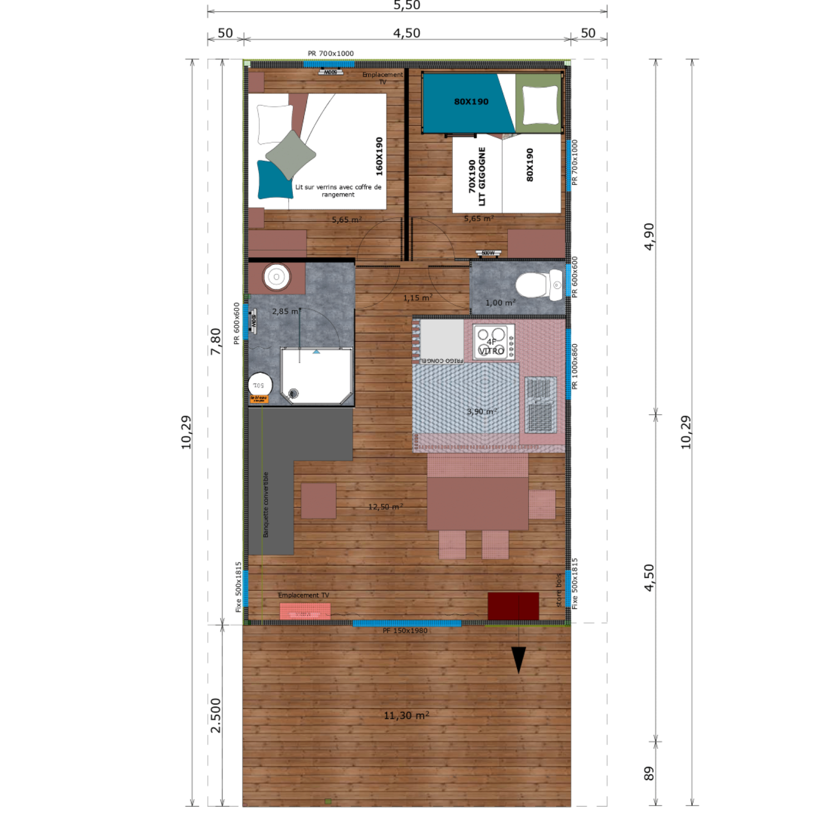 Plattegrond van een glamping accommodatie met twee slaapkamers, badkamer, keuken en woon-eetruimte.
