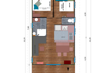 Pianta di sistemazione glamping con due camere da letto, bagno, cucina e zona soggiorno-pranzo in legno.
