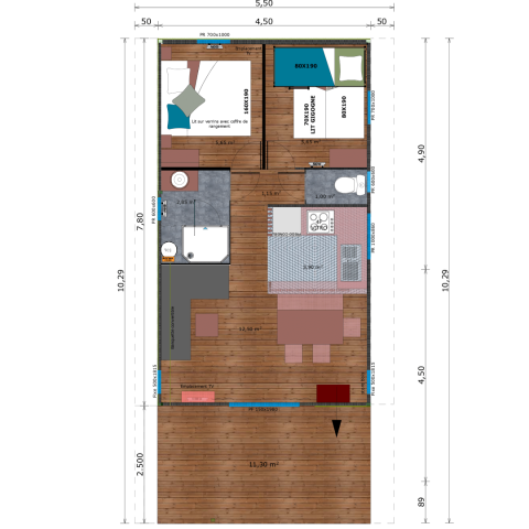 Plan d'un hébergement glamping avec deux chambres, une salle de bain, cuisine, salon et terrasse en bois.