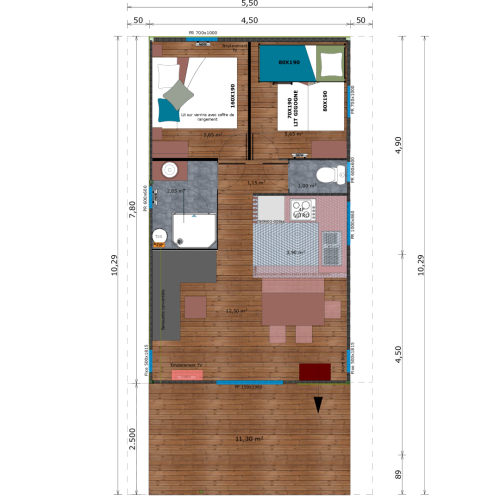 Pianta di sistemazione glamping con due camere da letto, bagno, cucina e zona soggiorno-pranzo in legno.