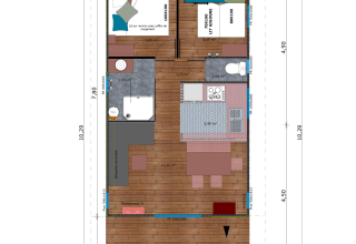 Plan d'un hébergement glamping avec deux chambres, une salle de bain, cuisine, salon et terrasse en bois.