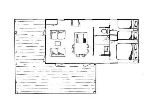 Grundriss der Stacaravan Premium Lodge im Flower Camping L'Ile d'Offard, Frankreich, mit Wohn- und Schlafbereichen.