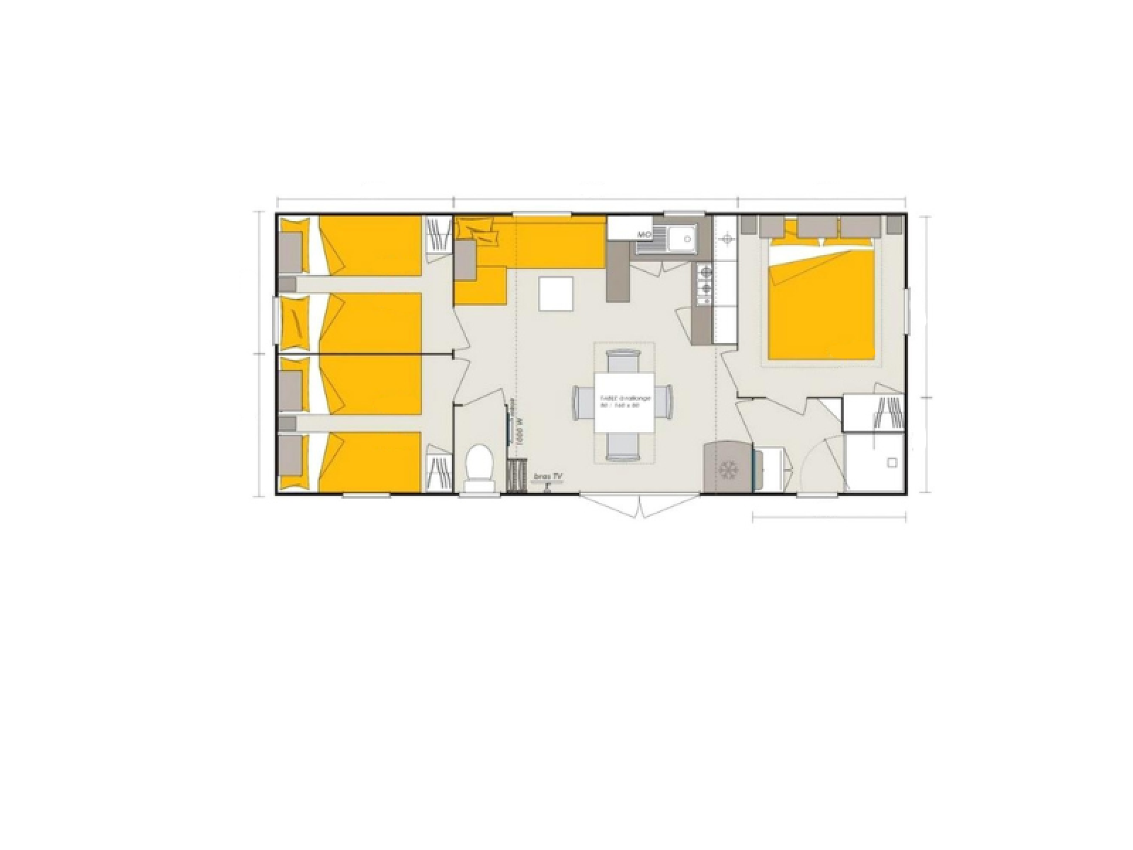 Plattegrond van een glamping-accommodatie met slaapkamers, keuken, badkamer en centrale leefruimte.