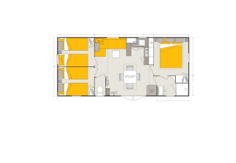 Plattegrond van een glamping-accommodatie met slaapkamers, keuken, badkamer en centrale leefruimte.