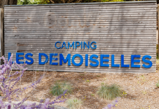 Cartello di ingresso Camping Les Demoiselles, parco vacanze in Pays de la Loire, Francia, circondato dal verde.