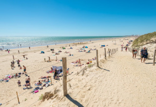 People relaxing on the sandy beach at Camping Demoiselles Plage, Pays de la Loire, France, under a clear sky.