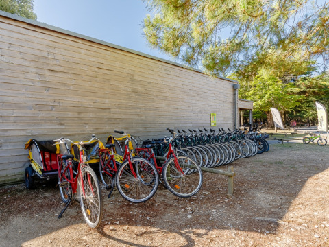 Fila di biciclette e rimorchi davanti a un edificio di legno al Camping Demoiselles Plage, Pays de la Loire, Francia.