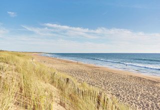 Ruhiger Sandstrand von Flower Camping Les Dunes in Pays de la Loire, Frankreich mit Dünen und blauem Himmel.