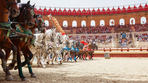 Rievocazione di una corsa di bighe con cavalli e pubblico nell’arena di Flower Camping Les Dunes, Francia.
