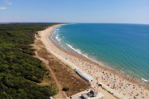 Strand og skov ved Flower Camping Les Dunes i Pays de la Loire, Frankrig, med gæster, parasoller og klart vand.