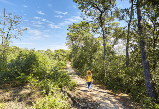 Personne marchant sur un sentier boisé et ensoleillé à Flower Camping Les Dunes, Pays de la Loire, France.