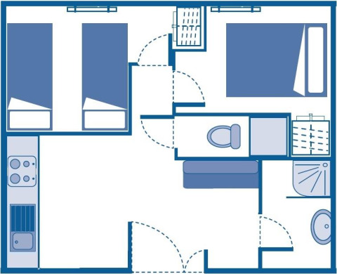 Grundplan af Huis COMFORT hytte på Flower Camping Les Ilates i Frankrig, med to soveværelser og badeværelse.