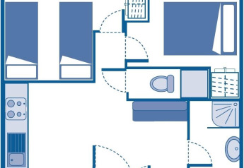 Grundplan af Huis COMFORT hytte på Flower Camping Les Ilates i Frankrig, med to soveværelser og badeværelse.