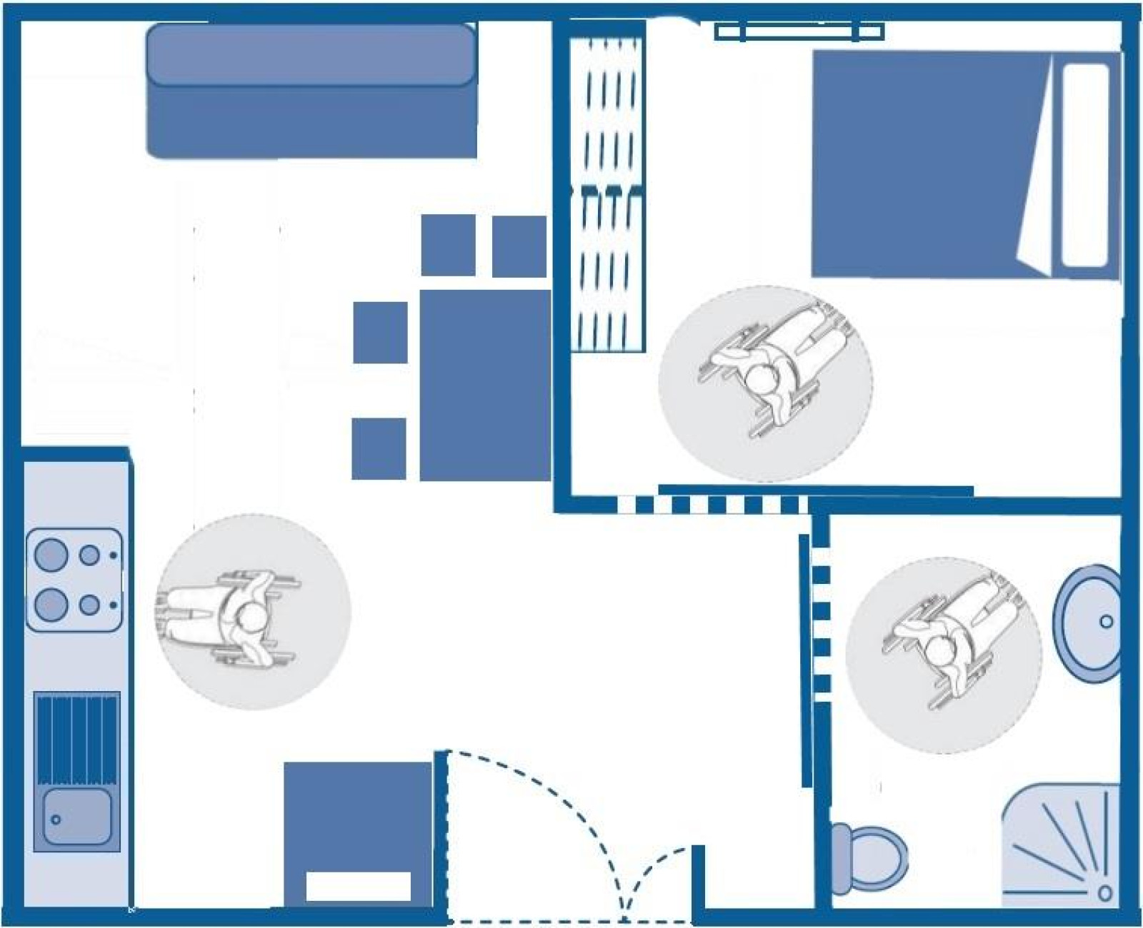 Plattegrond van een toegankelijke cottage bij Flower Camping Les Ilates in Frankrijk, geschikt voor rolstoelgebruikers.