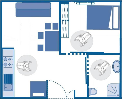 Plan d’un cottage accessible au Flower Camping Les Ilates en France, adapté aux utilisateurs de fauteuil roulant.