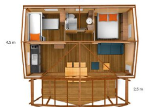 Floor plan of a safari tent showing bedrooms, kitchen, bathroom, and living area with measurements.