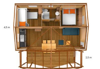 Plan d'un tente safari montrant chambres, cuisine, salle de bain et salon, avec mesures indiquées.