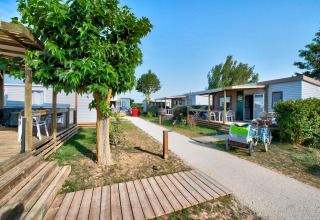 Pad tussen moderne lodges bij Homeflower PREMIUM Jacuzzi, Flower Camping Les Ilates, Frankrijk.