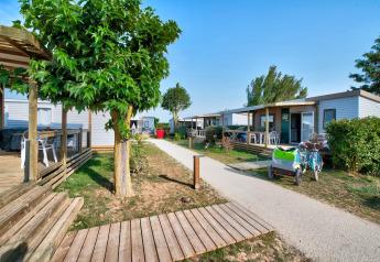 Sti mellem moderne lodges på Homeflower PREMIUM Jacuzzi, Flower Camping Les Ilates, Frankrig.
