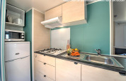 Compacte glampingkeuken met gasvuur, spoelbak, koelkast, microgolfoven en verse groenten op bord.