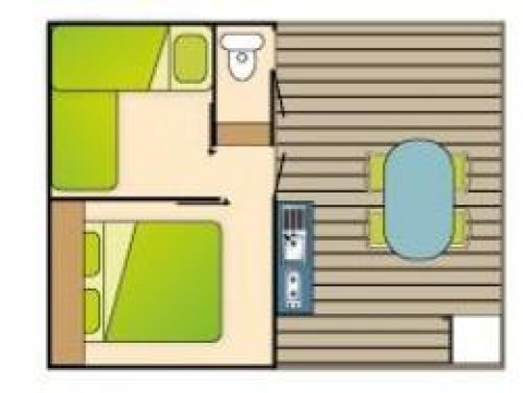 Plattegrond van Mobitoile Standaard hut bij Flower Camping Les Ondines met twee slaapkamers en veranda.