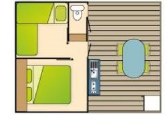 Plano de la cabaña Mobitoile Standaard en Flower Camping Les Ondines, con dos dormitorios y terraza.