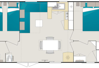Grondplan van Mobil-Home Premium Met airco bij Flower Camping Les Ondines in Frankrijk, kamers en faciliteiten weergegeven.