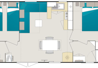 Plattegrond van Mobil-Home Premium Met airco op Flower Camping Les Ondines in Frankrijk, met kamers en voorzieningen.