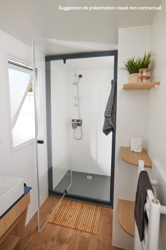 Douche moderne avec porte vitrée et détails bois dans une salle de bain glamping élégante et équipée.