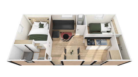 Overzicht van een glamping accommodatie met twee slaapkamers, een badkamer, keuken en eetruimte.