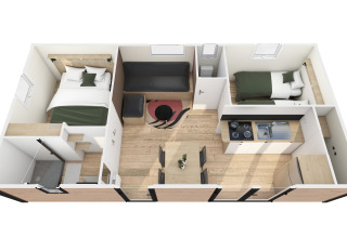 Overzicht van een glamping accommodatie met twee slaapkamers, badkamer, keuken en eethoek.