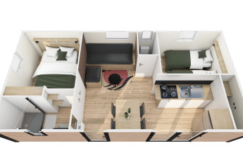Overzicht van een glamping accommodatie met twee slaapkamers, badkamer, keuken en eethoek.