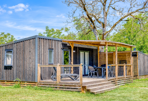 Homeflower Premium met airco: Houten chalet met terras, tuinmeubilair en frisse groene omgeving.