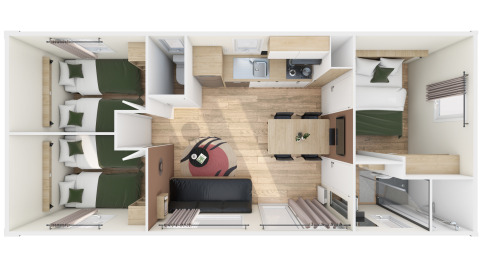 Bovenaanzicht van een glamping accommodatie met twee slaapkamers, badkamer, keuken en leefruimte.