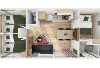 Bovenaanzicht van een glamping accommodatie met twee slaapkamers, badkamer, keuken en leefruimte.
