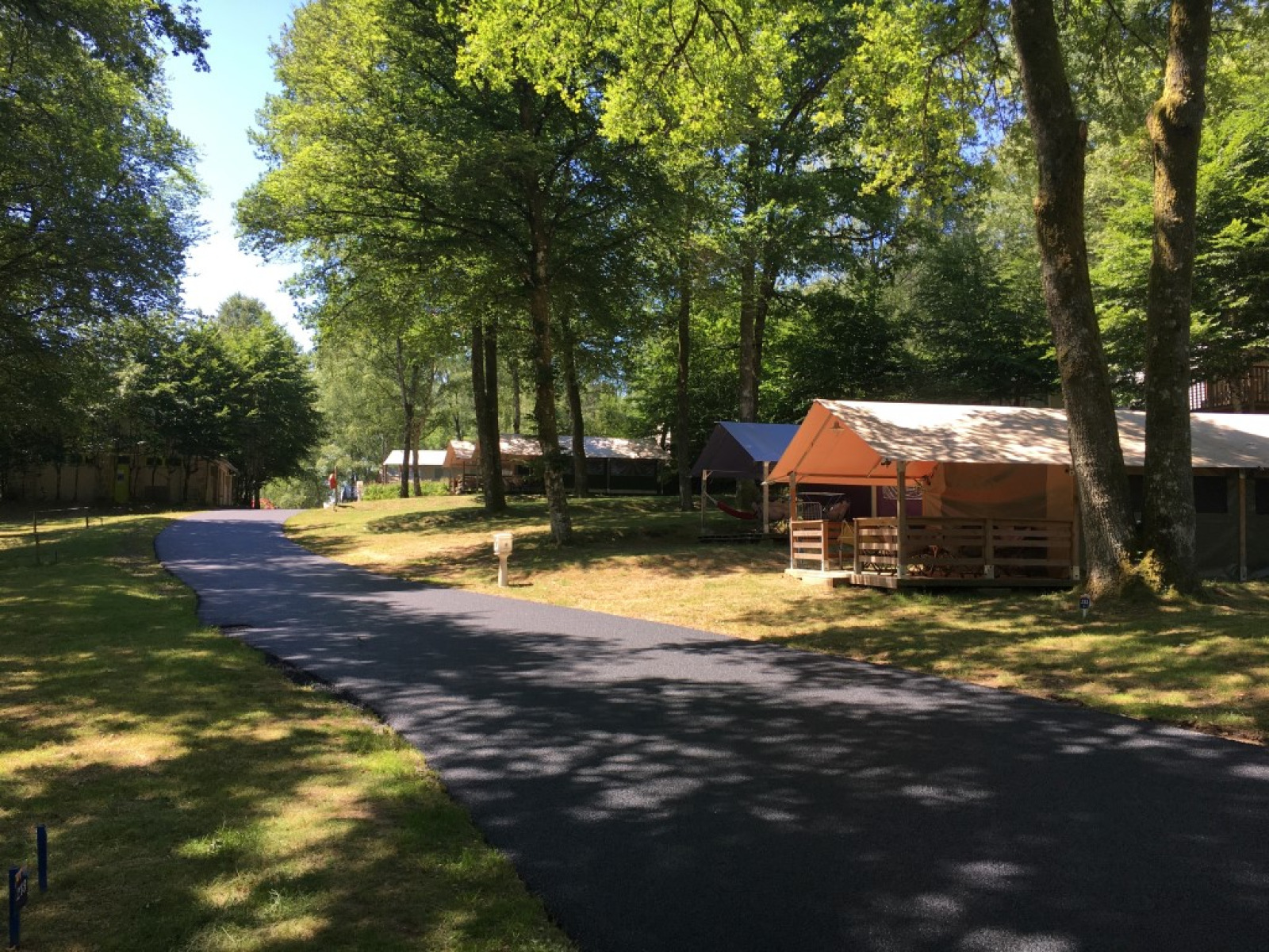 Safari tent Freeflower Standaard op Flower Camping La Plage in Frankrijk, gelegen tussen bomen en groen.