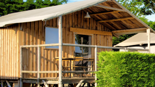 Vista esterna della Cabane Lodge Standaard, cabina in legno rialzata con veranda e vegetazione intorno.