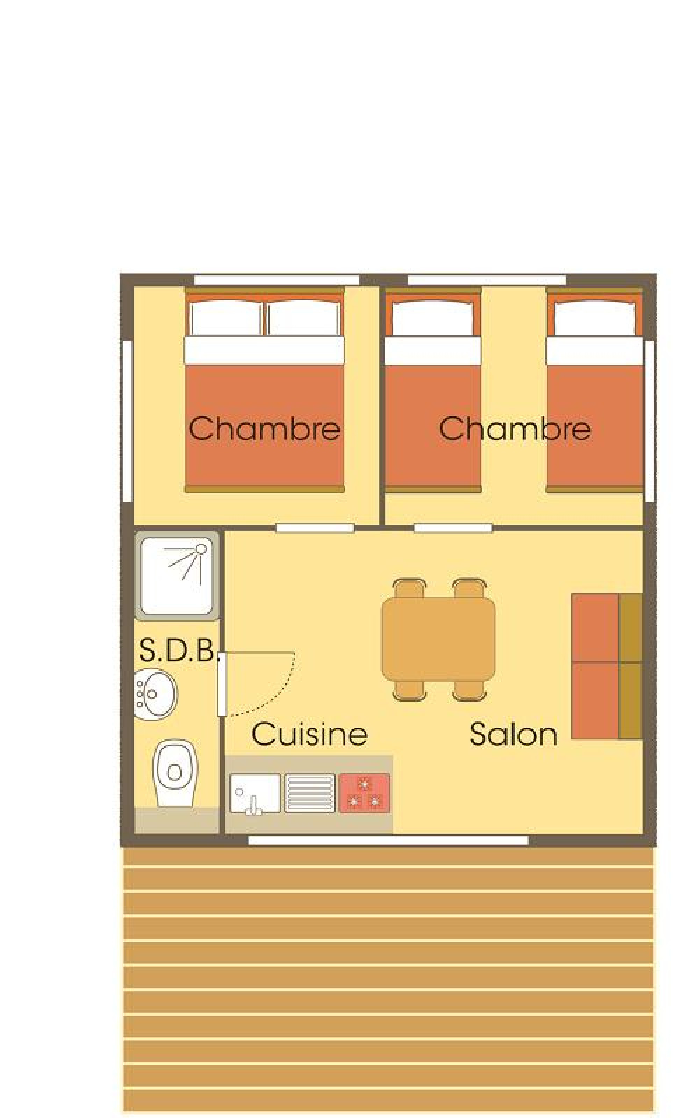 Plattegrond van Cabane Lodge Standaard bij Flower Camping La Plage met twee slaapkamers, keuken en zithoek.