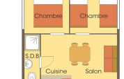 Grundriss der Cabane Lodge Standaard auf Flower Camping La Plage mit zwei Schlafzimmern, Küche und Bad.