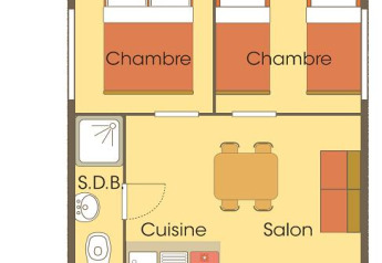 Plano de Cabane Lodge Standaard en Flower Camping La Plage con dos dormitorios, cocina y sala de estar.