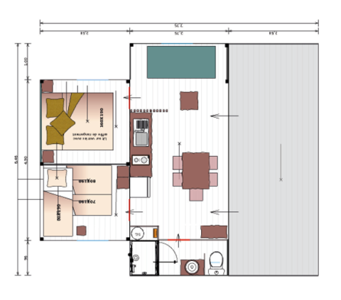 Plantegning af Cotton Flower Canvas Lodge ved Flower Camping La Plage med soveværelser og terrasse