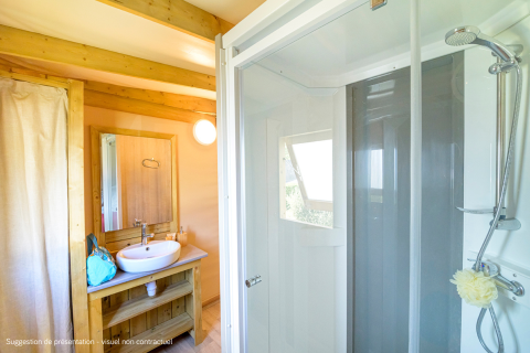 Lichte, moderne badkamer in de Cosyflower Premium lodge met douche, houten wastafel en spiegel.