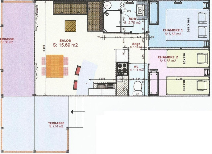 Plan du Sweetflower Premium à Flower Camping La Plage, avec terrasse, salon, salle de bain et deux chambres.