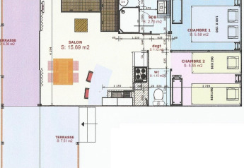Plano de la tienda Sweetflower Premium en Flower Camping La Plage con terraza, salón y dos habitaciones.