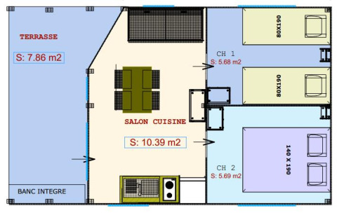 Plattegrond van een safaritent bij Flower Camping Cap Finistère met terras, woonkamer-keuken en slaapkamers.