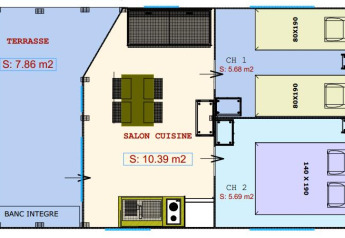 Grondplan van een safaritent op Flower Camping Cap Finistère met terras, leefruimte en twee slaapkamers.