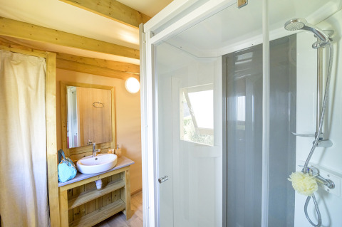 Moderne badkamer met douche en houten wastafeltafel in het glampingverblijf Cosyflower Premium.