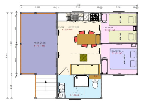 Plattegrond van Cosyflower Premium glamping verblijf met terras, open leefruimte, twee slaapkamers en badkamer.