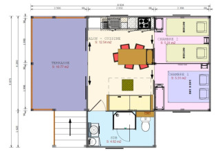 Plattegrond van Cosyflower Premium glamping accommodatie met terras, woonkamer-keuken, twee slaapkamers en badkamer.