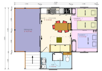Plan du Cosyflower Premium glamping avec terrasse, salon-cuisine ouverte, deux chambres et salle de bain.